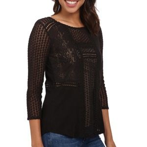 Black Lucky Brand Lace Sheer Quarter Sleeve
